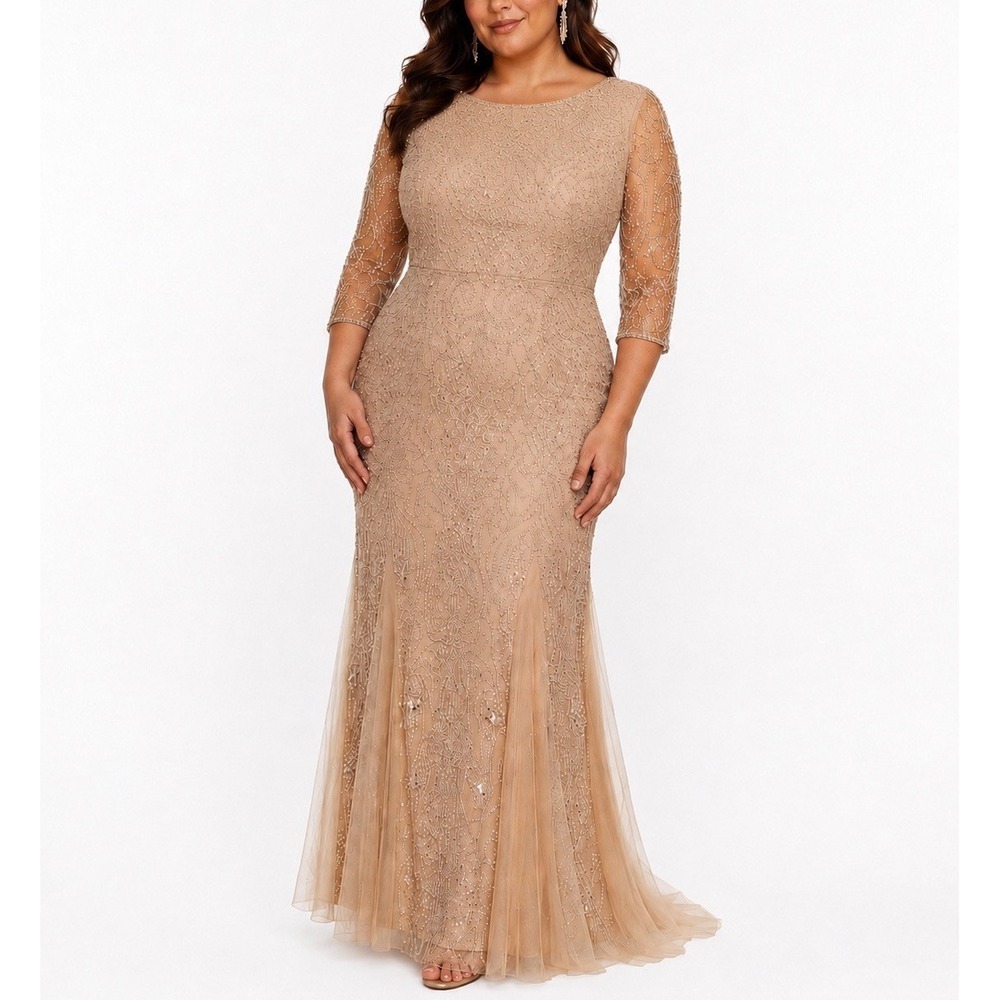 NWT Pisarro Nights D1501 Embellished Mesh Gown Sz 16 Long Dress Jewel Neck Blush